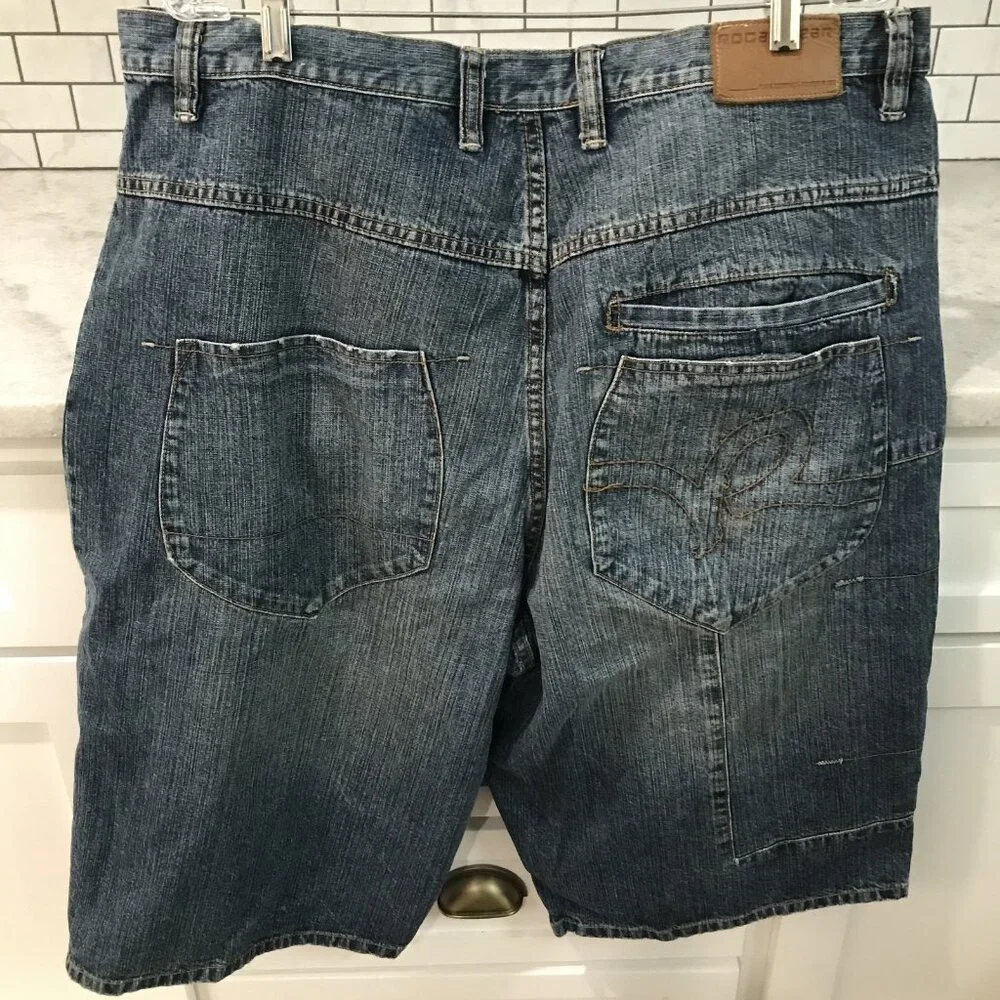 Rocawear Shorts Mens 40 Denim Carpenter Distressed Baggy Hip Hop Y2K Embroidered